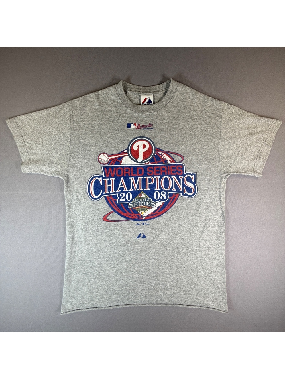 Majestic Phillies Shirt Mens Gray 2008 World Series Champions MLB Baseball Tee